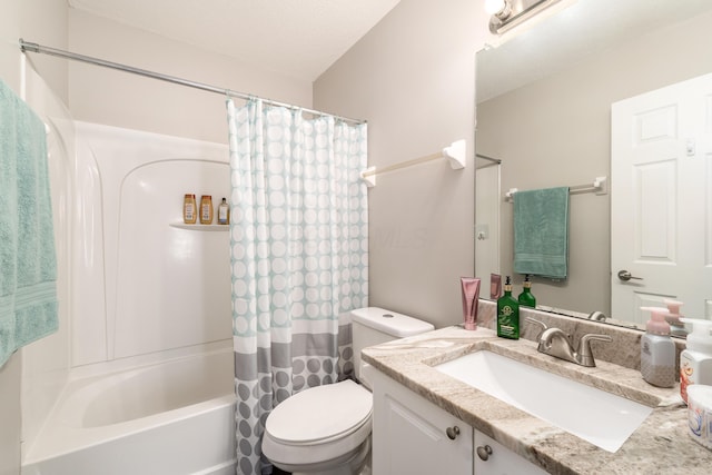 full bathroom with a textured ceiling, toilet, shower / bathtub combination with curtain, and vanity