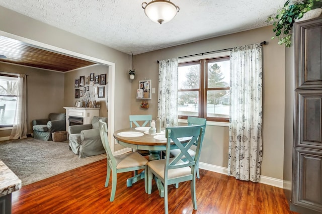 dining room with a textured ceiling and dark wood-type flooring