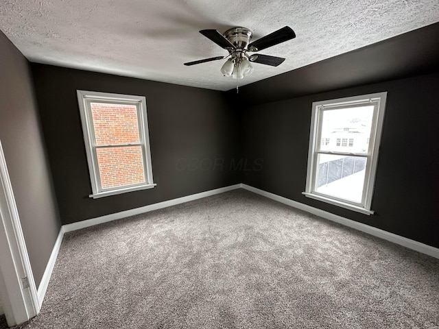 carpeted empty room with a textured ceiling, ceiling fan, and a wealth of natural light