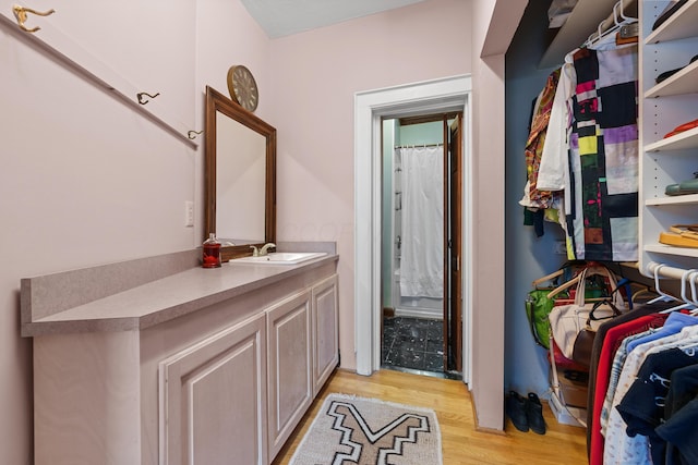 interior space with hardwood / wood-style floors and vanity