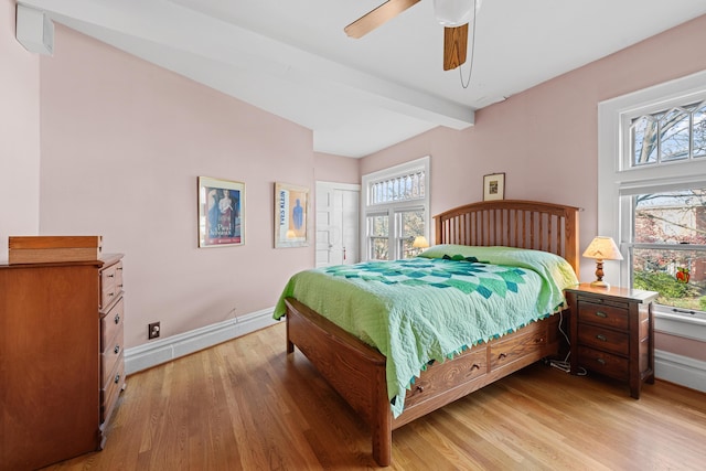 bedroom with multiple windows, light wood-type flooring, and ceiling fan