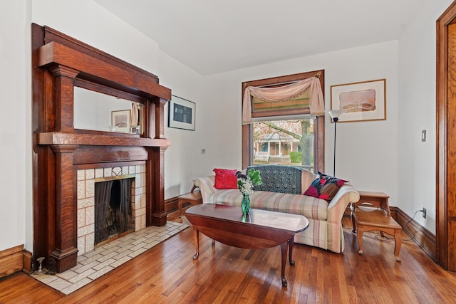 living room with a fireplace and hardwood / wood-style flooring