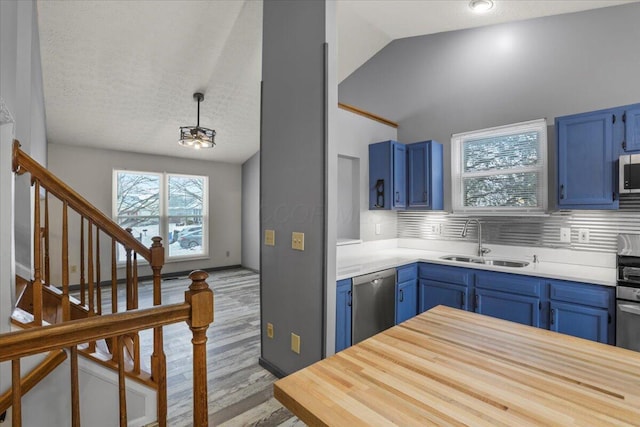 kitchen with decorative backsplash, sink, appliances with stainless steel finishes, and blue cabinetry