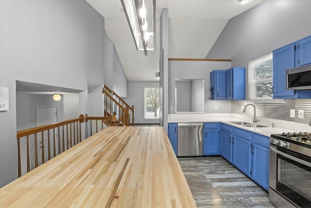 kitchen with tasteful backsplash, sink, appliances with stainless steel finishes, blue cabinets, and dark hardwood / wood-style flooring