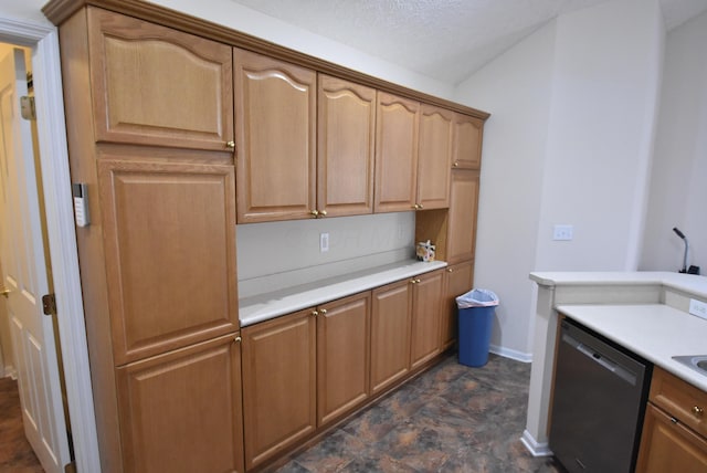 kitchen with stainless steel dishwasher and a textured ceiling