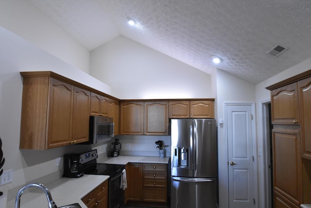 kitchen with a textured ceiling, sink, vaulted ceiling, and appliances with stainless steel finishes