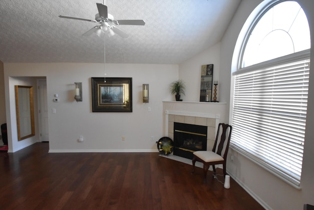 living area with vaulted ceiling, a textured ceiling, a wealth of natural light, and dark wood-type flooring