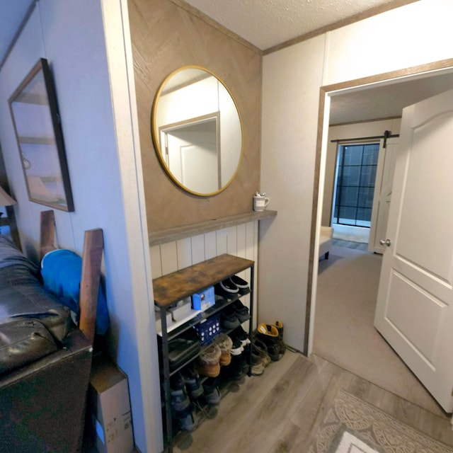 bathroom with wood-type flooring and a textured ceiling