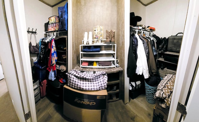 walk in closet with wood-type flooring