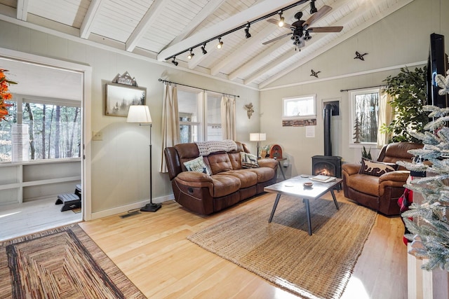 living room with wood-type flooring, a wood stove, rail lighting, and a wealth of natural light