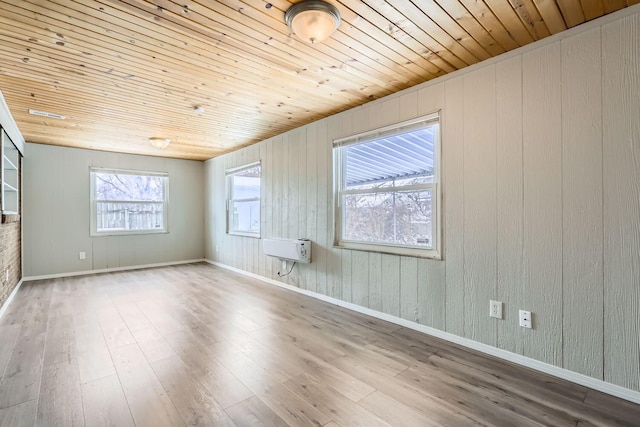 spare room with wood ceiling, wood walls, a wall mounted air conditioner, and hardwood / wood-style flooring