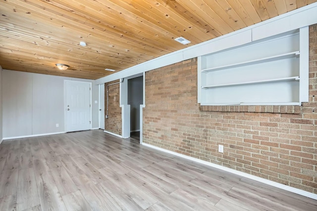 unfurnished room with wood ceiling, brick wall, light hardwood / wood-style floors, and built in features