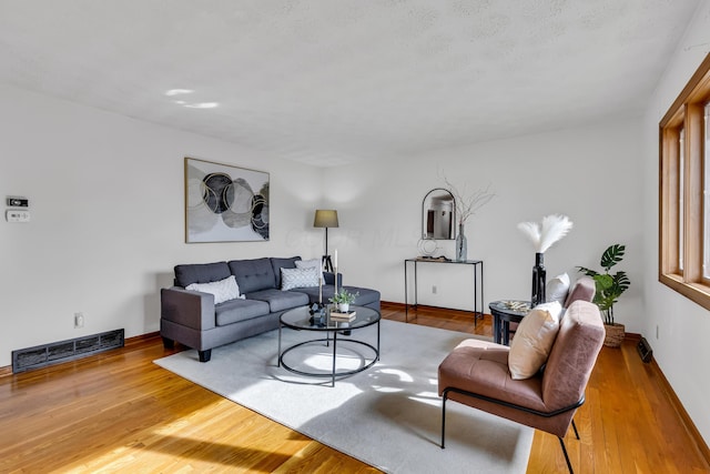 living room with a textured ceiling and light hardwood / wood-style floors