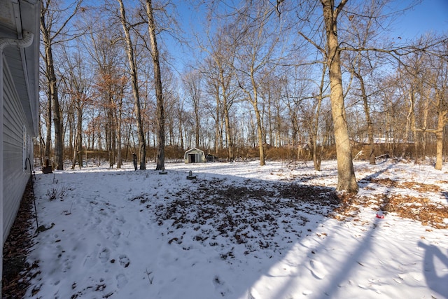 snowy yard featuring a storage shed