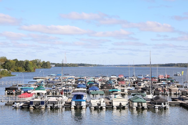 view of water feature with a dock