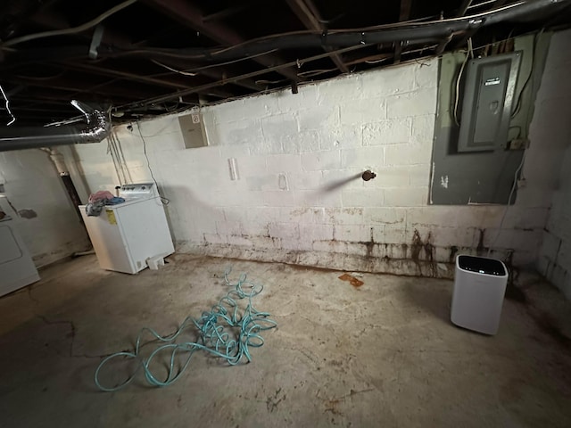 basement featuring electric panel and washer / clothes dryer