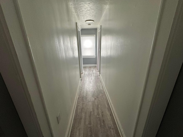 hallway with wood-type flooring and a textured ceiling