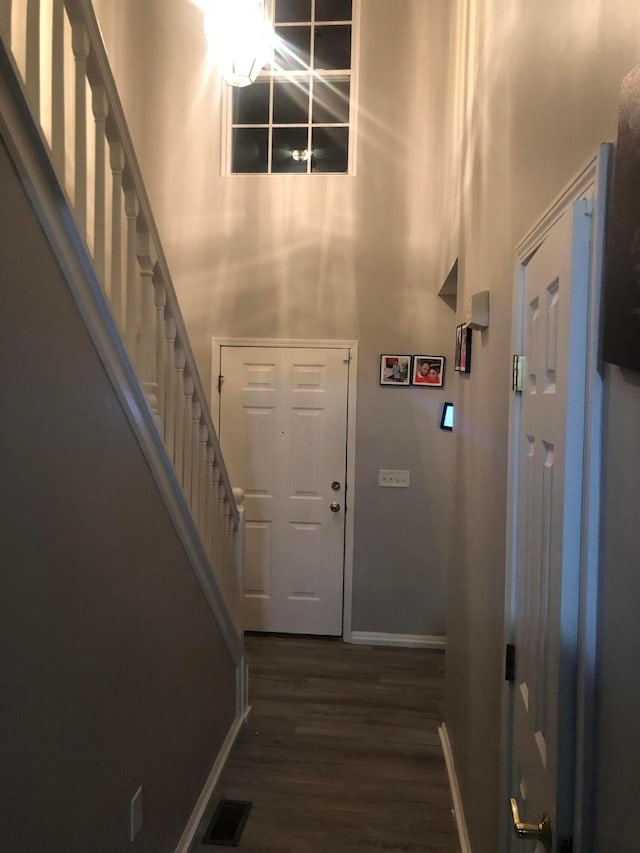 foyer with dark hardwood / wood-style floors, a chandelier, and a high ceiling