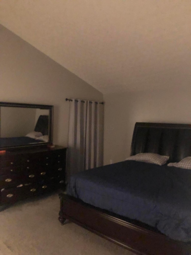 carpeted bedroom featuring lofted ceiling