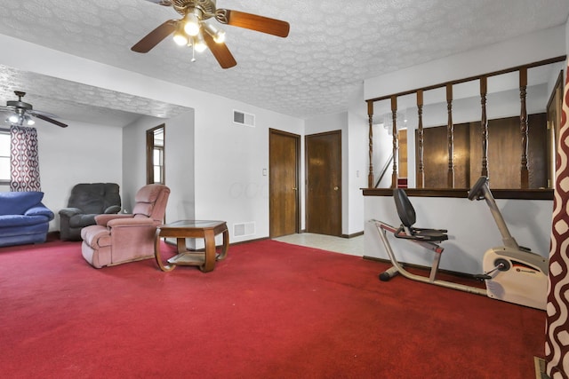 living area with carpet floors and a textured ceiling