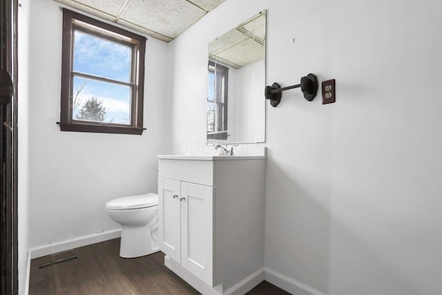 bathroom with vanity, wood-type flooring, a drop ceiling, and toilet