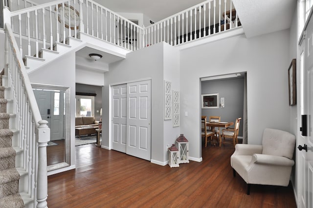 foyer with a towering ceiling and dark hardwood / wood-style flooring