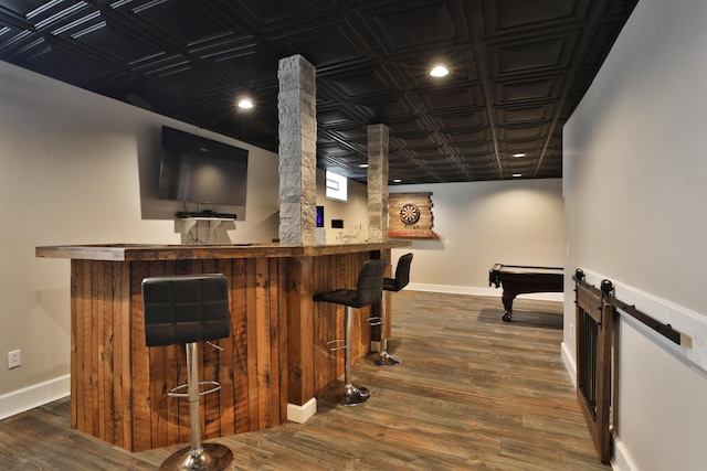 bar featuring billiards and dark wood-type flooring