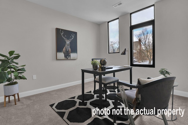 home office featuring carpet flooring, visible vents, and baseboards