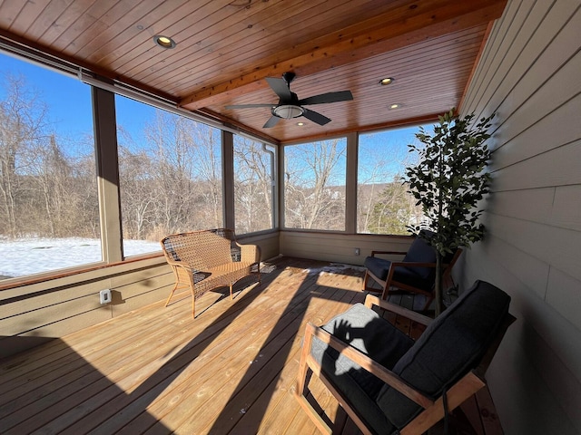 sunroom / solarium featuring ceiling fan and wood ceiling