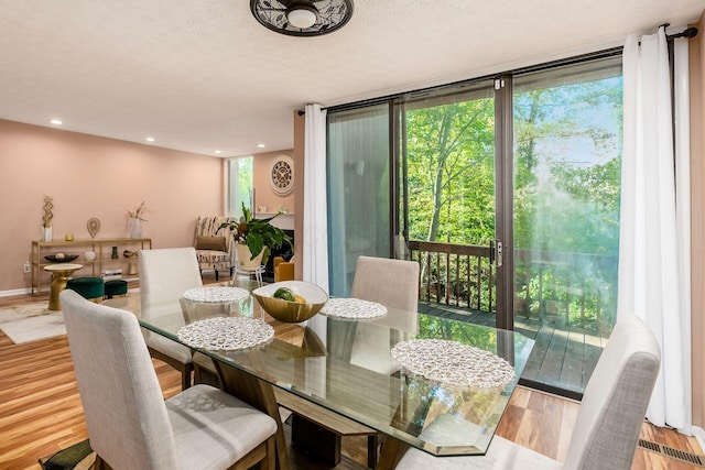 dining room featuring a textured ceiling, light hardwood / wood-style flooring, and floor to ceiling windows