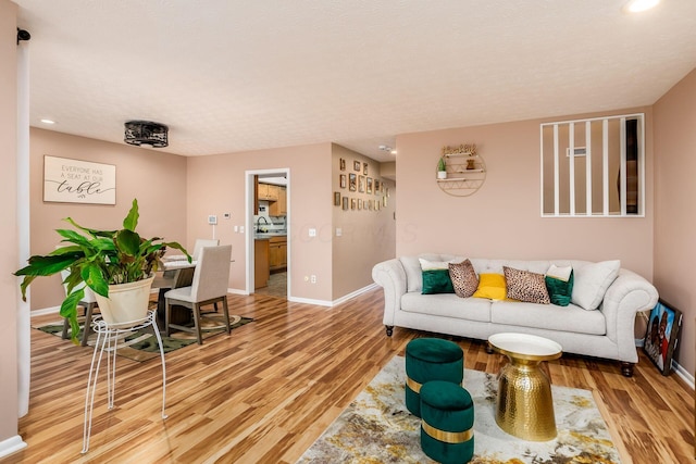 living room featuring sink, a textured ceiling, and hardwood / wood-style flooring