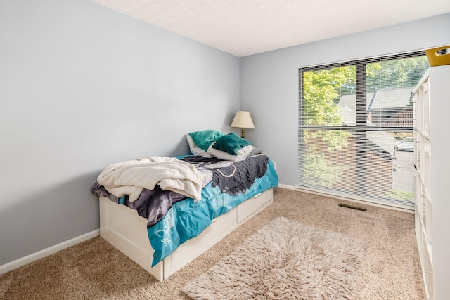 carpeted bedroom with a textured ceiling