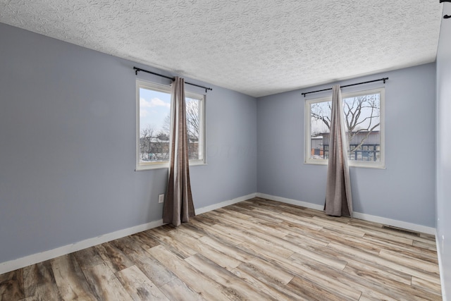 unfurnished room featuring a healthy amount of sunlight, a textured ceiling, and light wood-type flooring