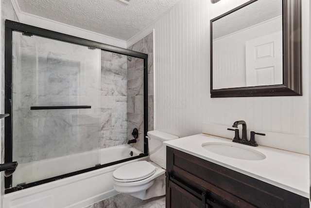 full bathroom with toilet, vanity, shower / bath combination with glass door, and a textured ceiling