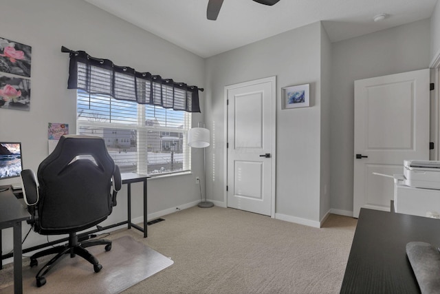 office with ceiling fan and light colored carpet