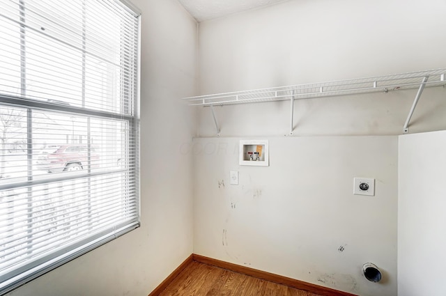 laundry area with hookup for an electric dryer, light hardwood / wood-style floors, and hookup for a washing machine