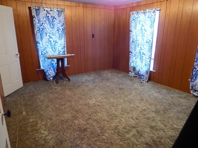 carpeted spare room featuring wood walls