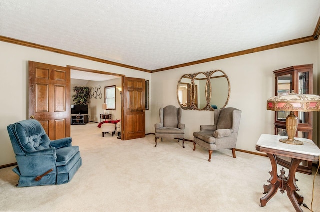 sitting room featuring ornamental molding, light carpet, and a textured ceiling