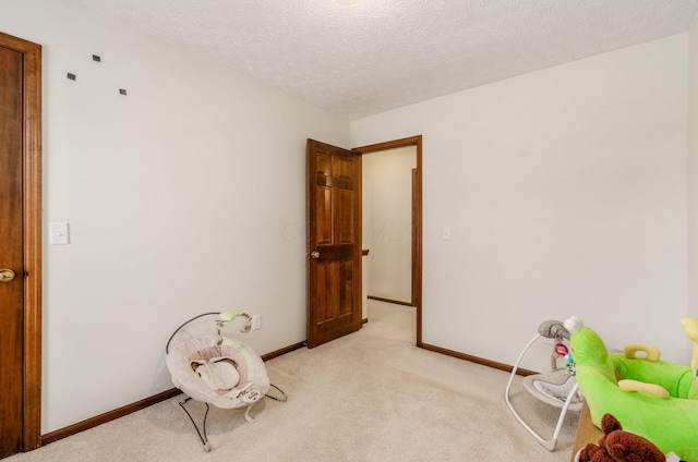 interior space with light colored carpet and a textured ceiling