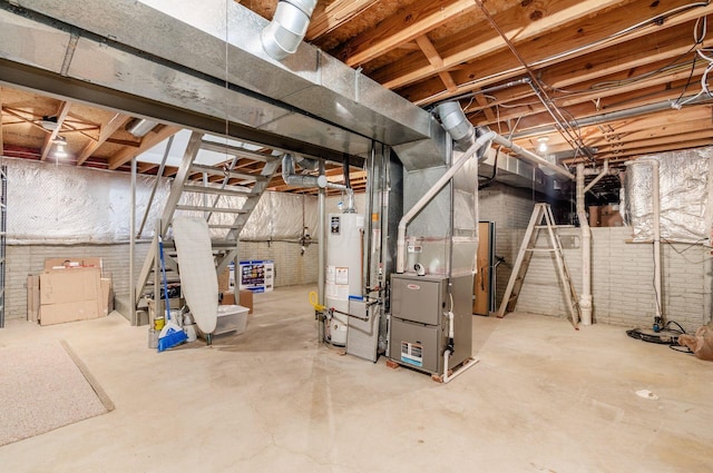 basement with heating unit and water heater