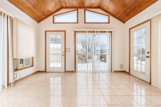 interior space with cooling unit, vaulted ceiling, and wood ceiling