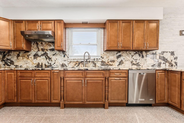 kitchen featuring black electric cooktop, light stone counters, decorative backsplash, sink, and stainless steel dishwasher