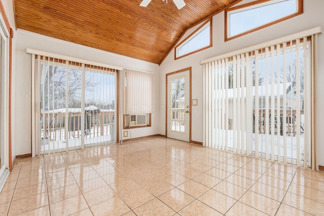 empty room with cooling unit, wooden ceiling, ceiling fan, and vaulted ceiling