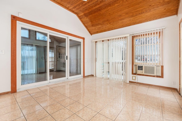 spare room featuring light tile patterned flooring, vaulted ceiling, cooling unit, and wooden ceiling