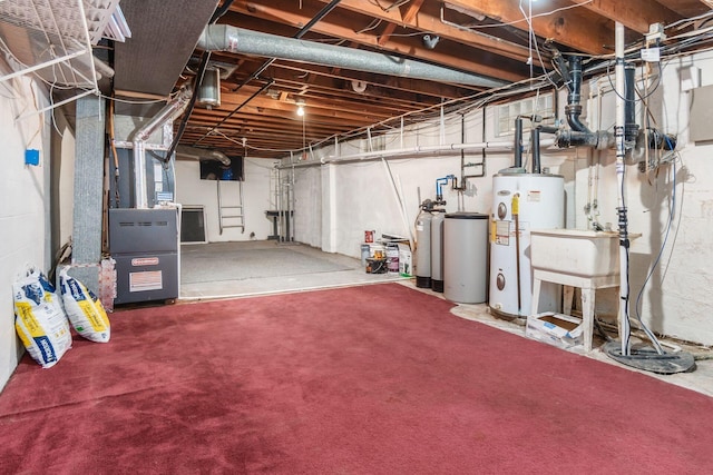 basement with heating unit and water heater