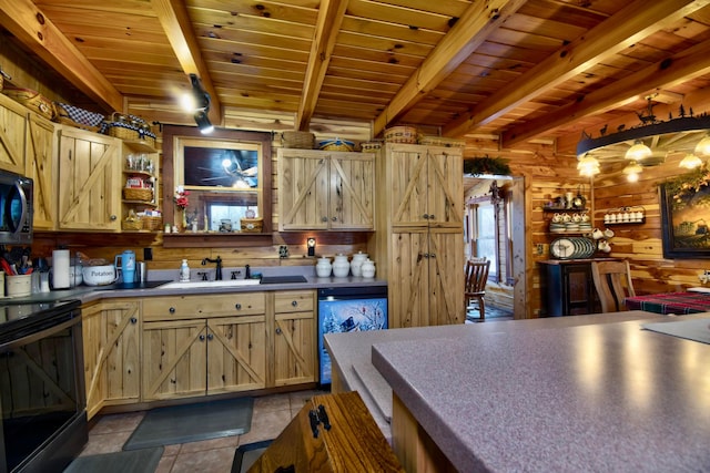 kitchen with beamed ceiling, black electric range oven, wood ceiling, and sink