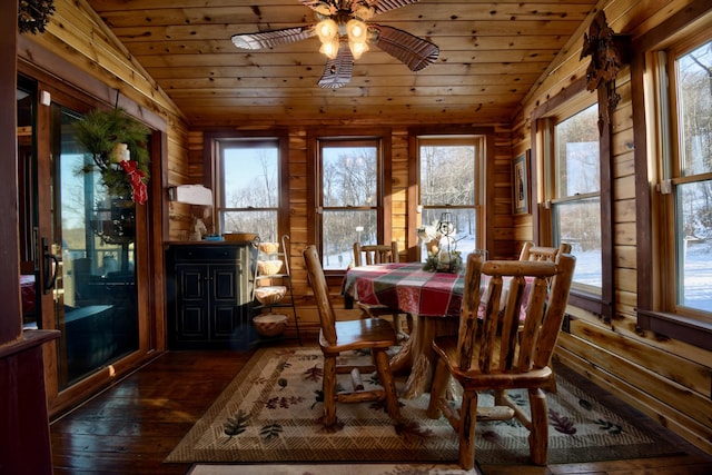 dining space featuring ceiling fan, dark hardwood / wood-style flooring, wooden ceiling, and vaulted ceiling