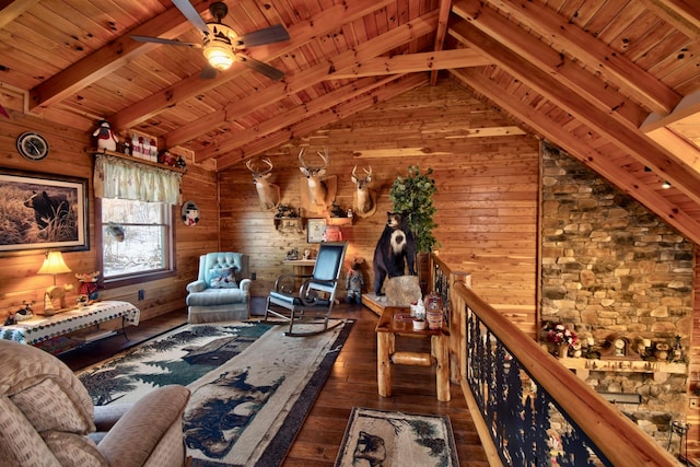 interior space featuring beam ceiling, dark hardwood / wood-style floors, wood walls, and wood ceiling