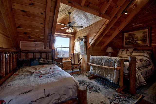 bedroom featuring lofted ceiling with beams, wooden walls, ceiling fan, and wooden ceiling