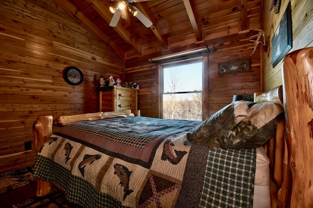 bedroom with vaulted ceiling with beams, ceiling fan, wood ceiling, and wooden walls